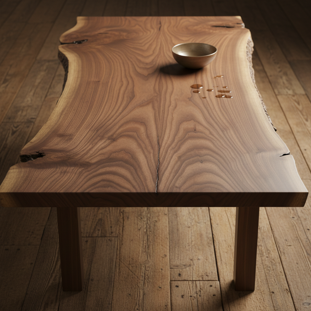 Walnut live edge dining table with natural slab top, dark grain, warm amber finish