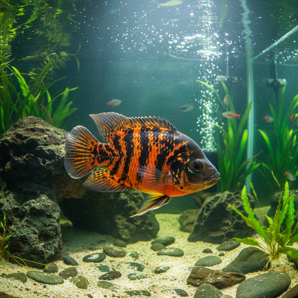 Oscar cichlid fish in healthy condition showing vibrant orange and black coloration in spacious tank