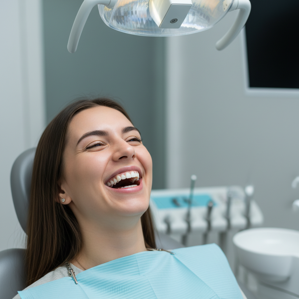 Woman mid-laugh in a dentist chair, overhead light catching the gloss on freshly bonded teeth
