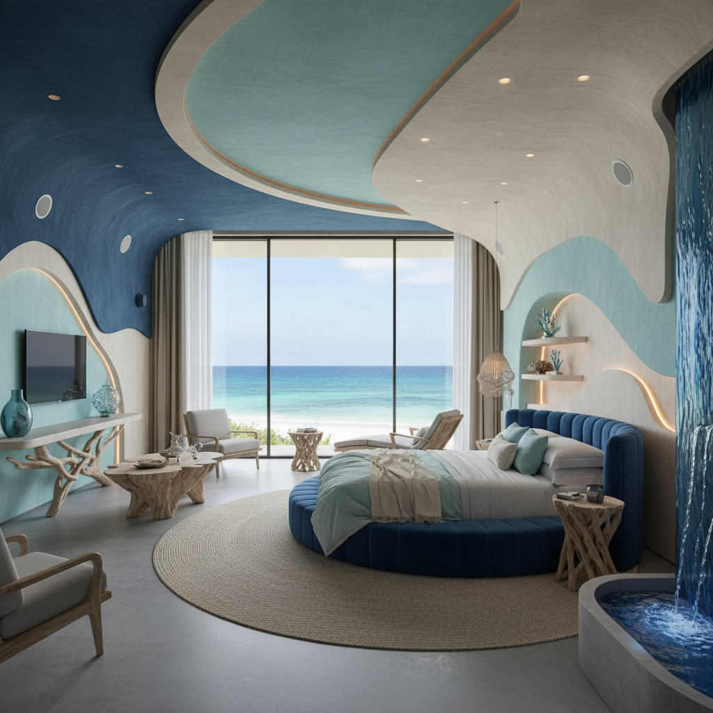 Deluxe room with blue azulejo tile accents and wooden bed