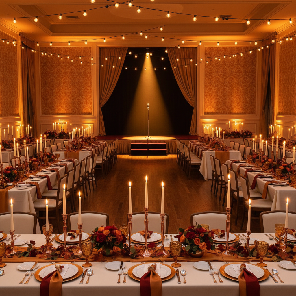 Elegant pub function room with dark walls, candlelit tables, warm low-key amber lighting, rich wood accents, evening atmosphere