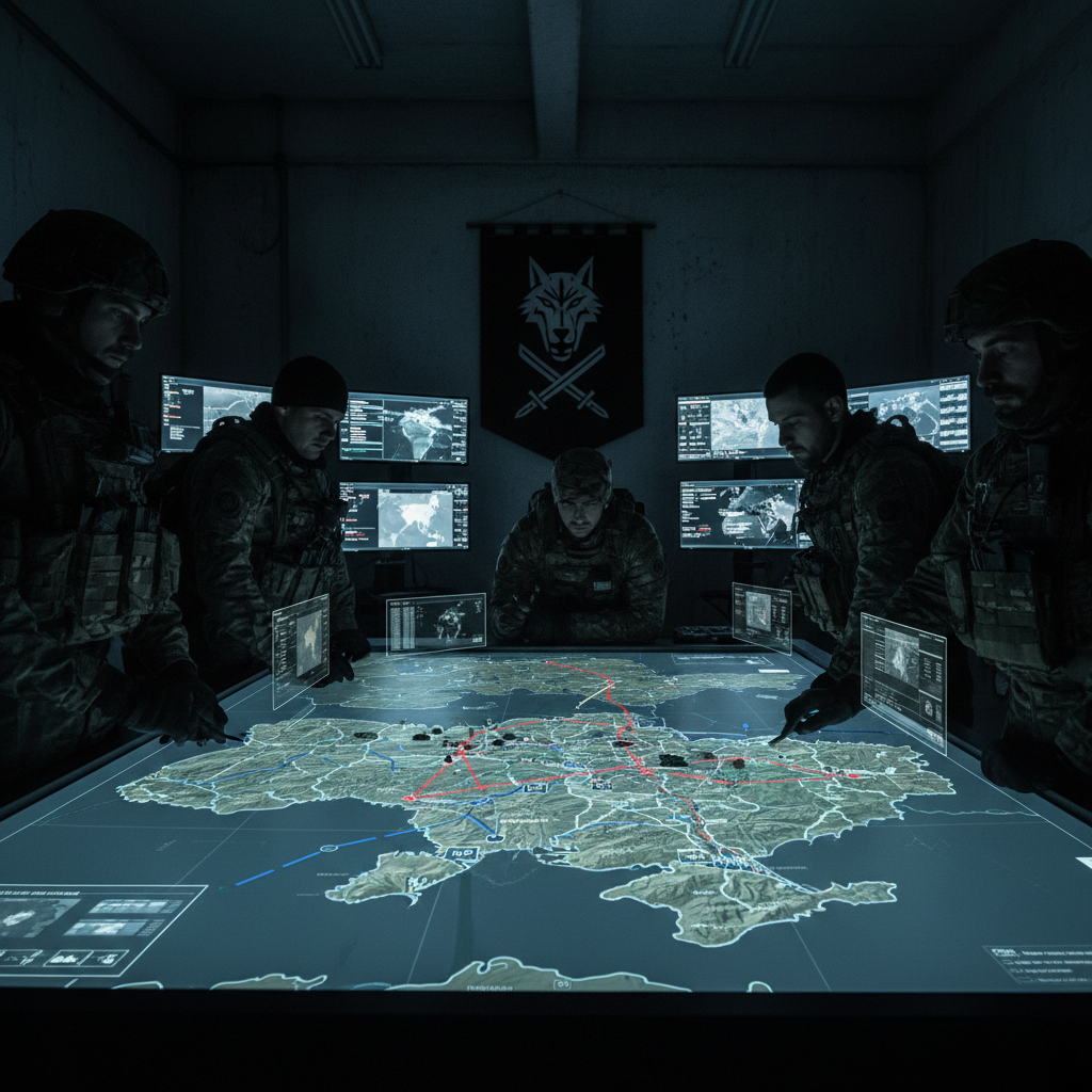 Dark military command center with screens showing maps, dim blue lighting, shadows, tense atmospheric environment