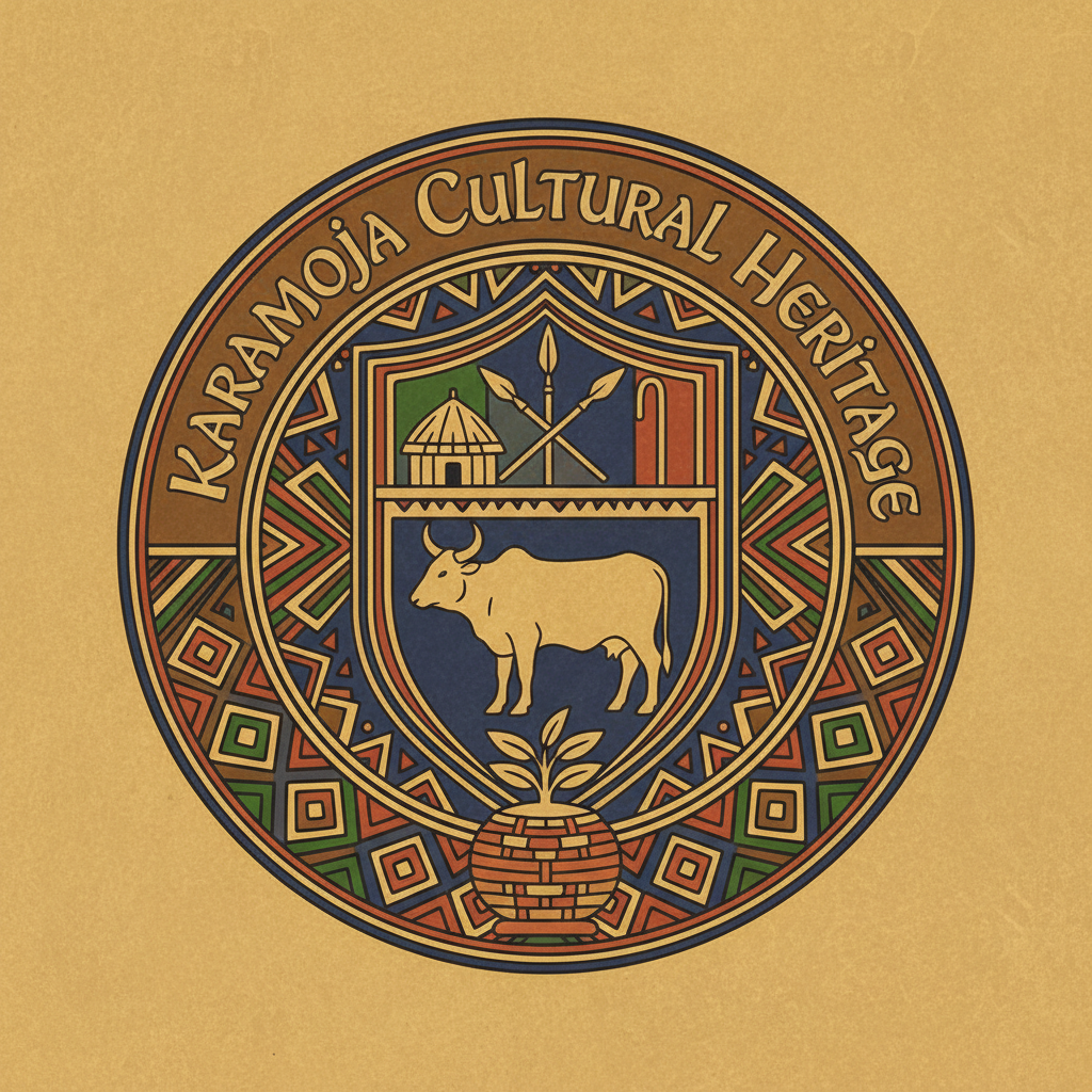 Karamoja Miners Association emblem with traditional African patterns and gold nugget symbol