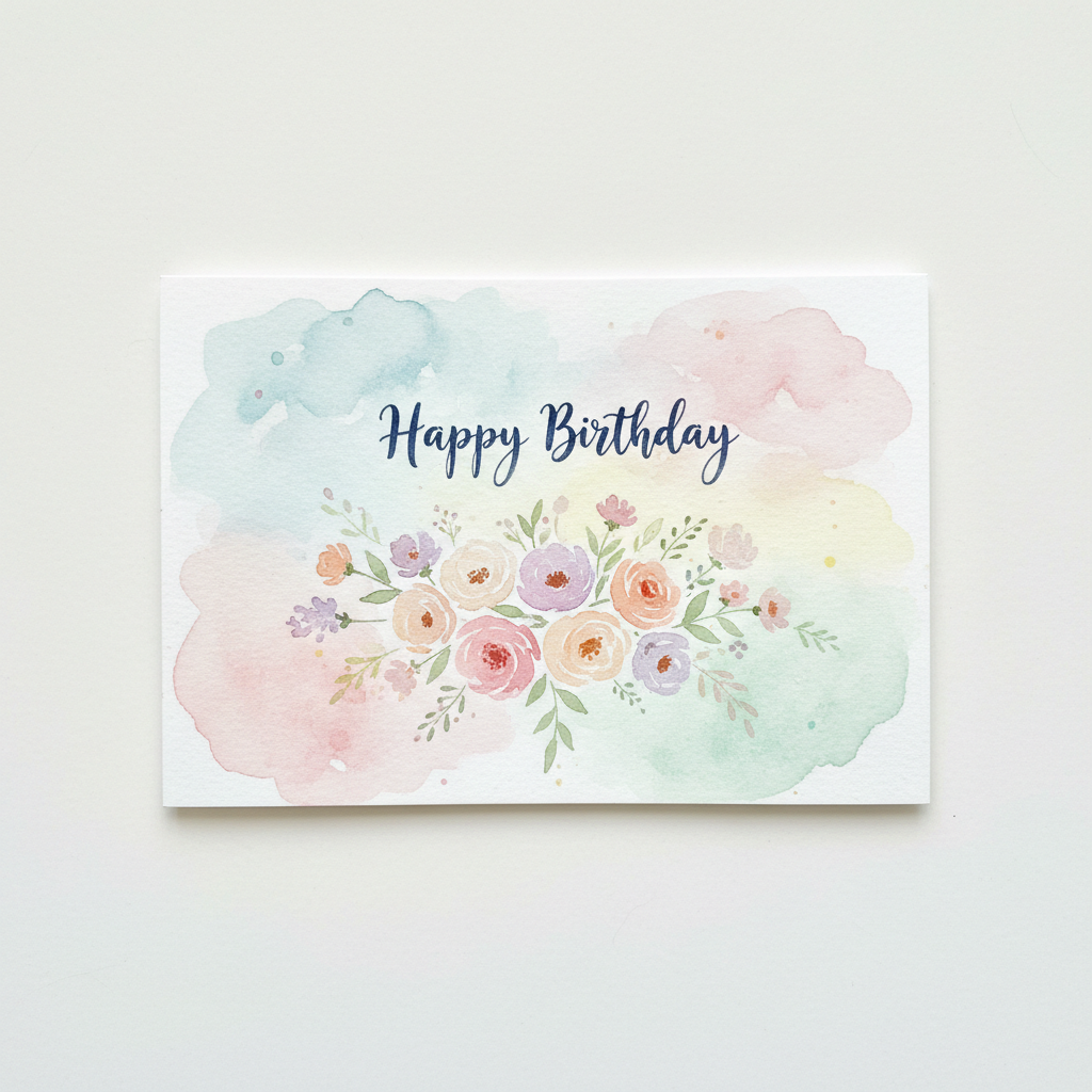 Watercolor birthday card with soft brush stroke background and floral accents