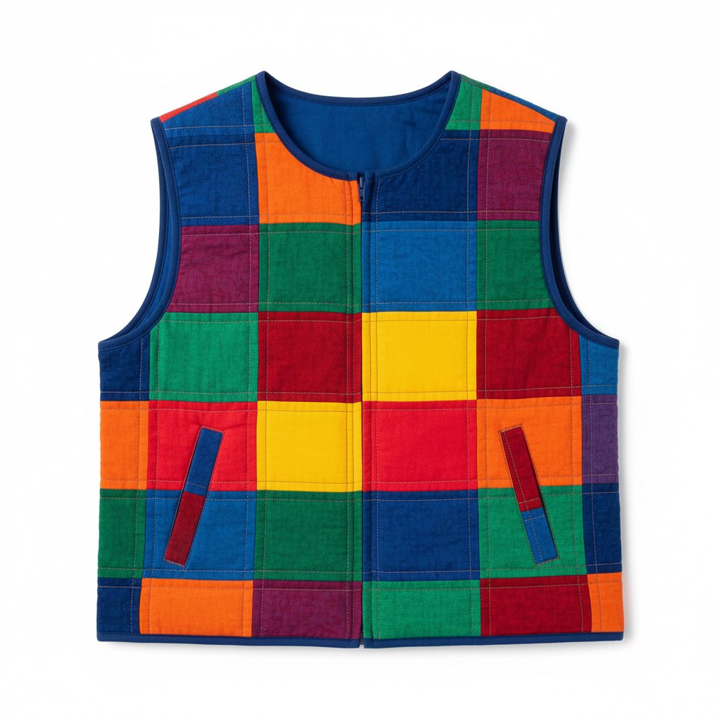 Patchwork quilt vest with colorful fabric squares