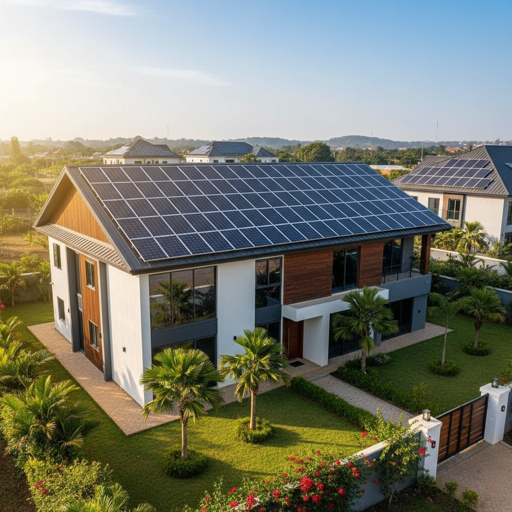 Panneaux solaires sur toit de complexe résidentiel moderne Cameroun, installation propre et professionnelle