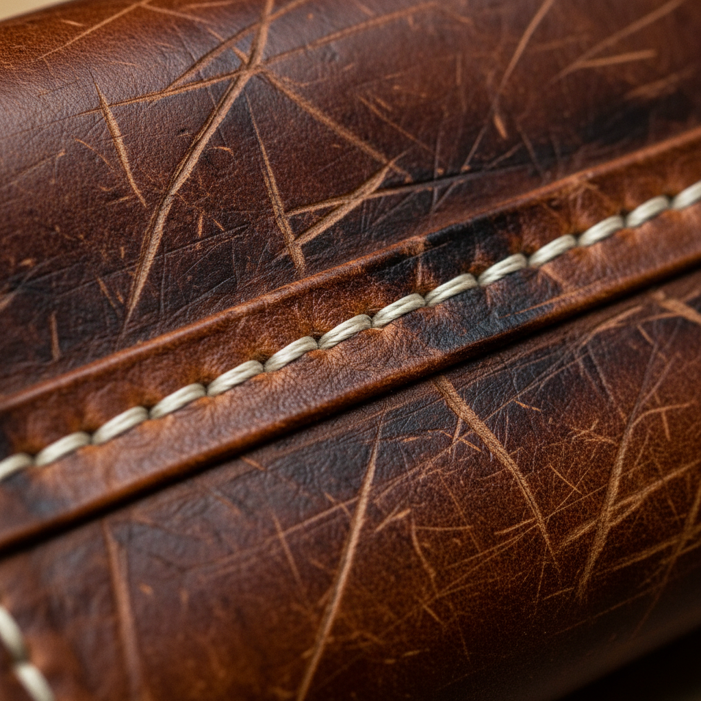 Close-up of worn leather with scratches and patina showing authentic handmade quality