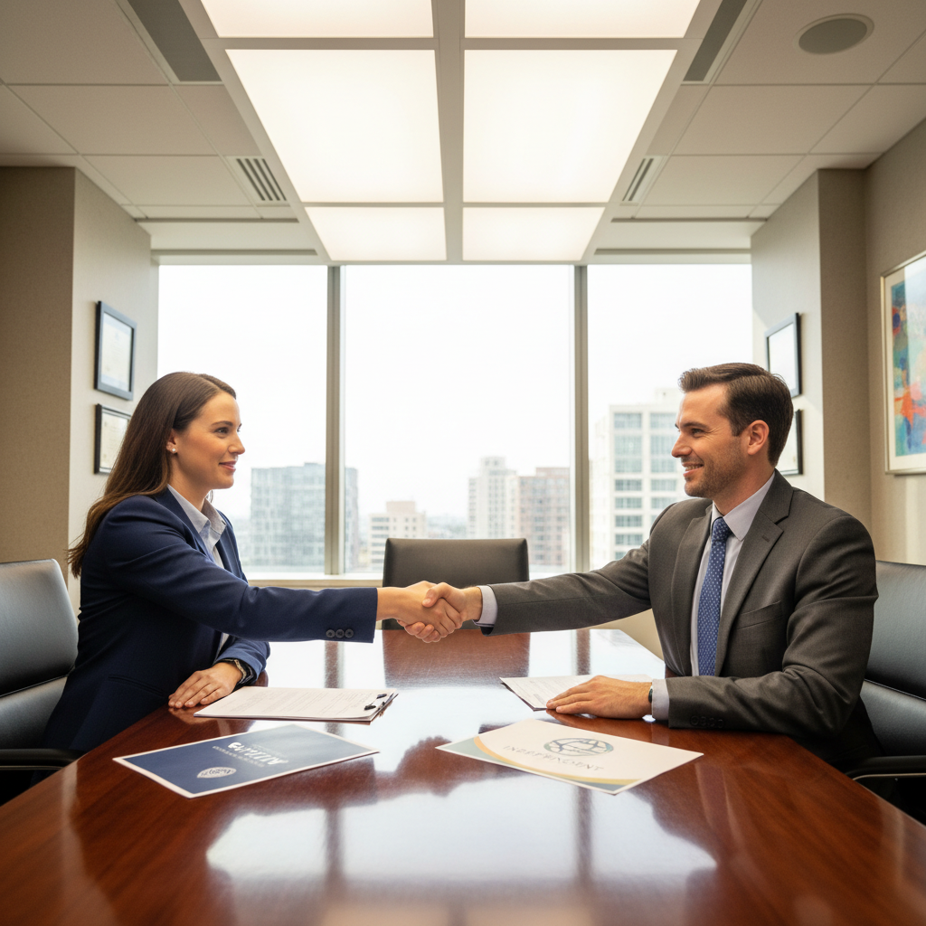 Two business professionals shaking hands across a conference table, bright office, neutral tones
