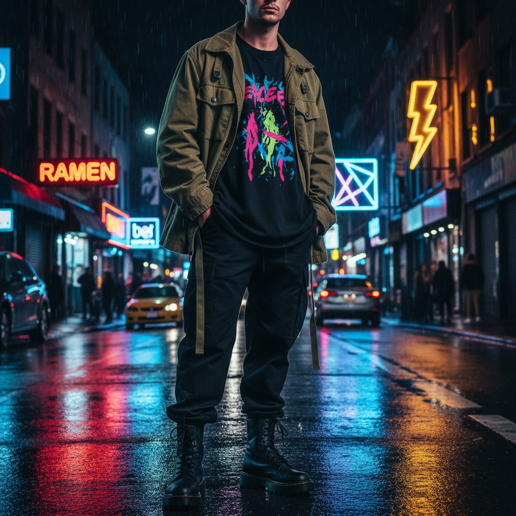 Black and neon reversible puffer vest on model, urban streetwear look, moody outdoor lighting