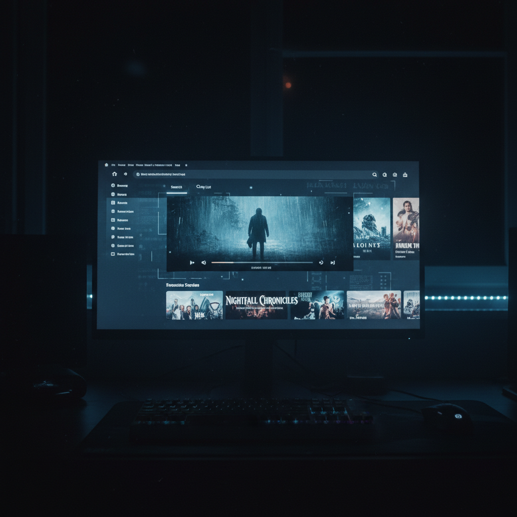 Modern streaming interface on large TV screen, dark home theater setting, ambient glow, cinematic atmosphere