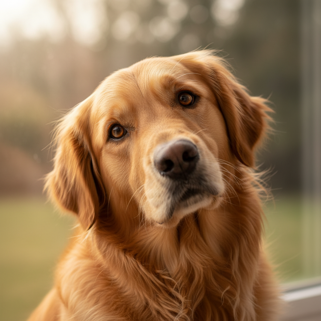 Golden dog with head tilted in curiosity, bright eyes full of trust and intelligence