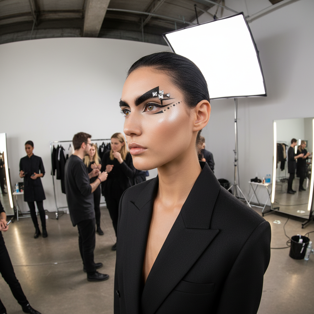Backstage fashion week beauty preparation, model with dramatic editorial makeup, warm studio lighting, luxury aesthetic