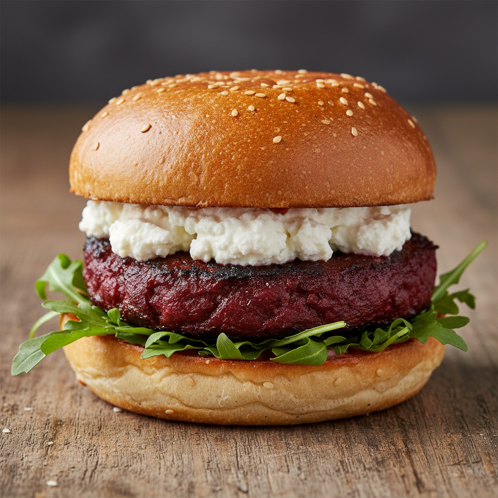 Smoked beet burger with whipped feta and arugula on a toasted brioche bun