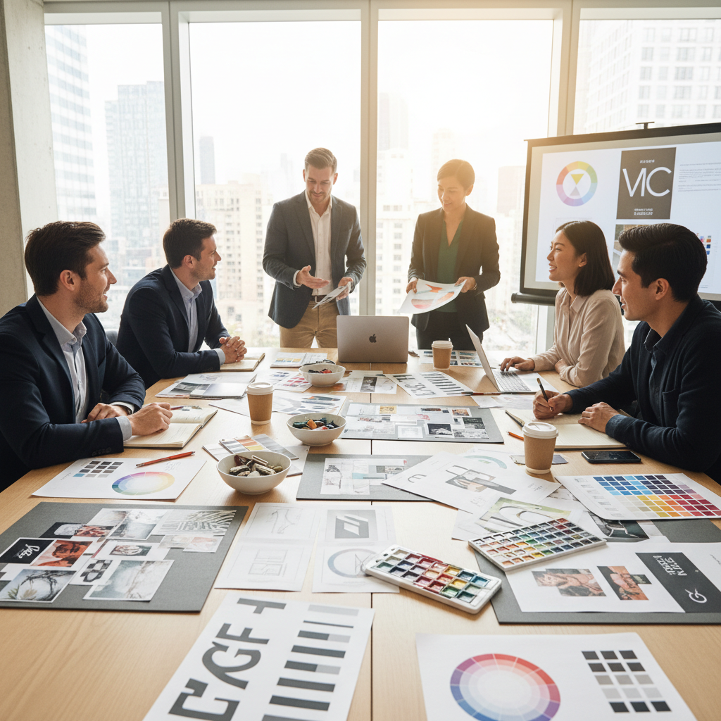 Team collaborating on brand strategy with mood boards and color swatches pinned to a wall