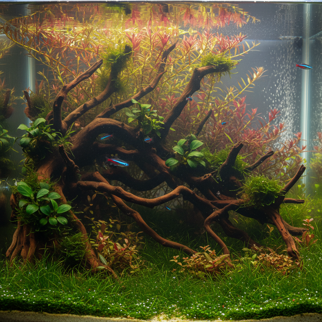 Beautifully aquascaped freshwater planted aquarium with lush green plants, clear water, and driftwood in a bright airy room