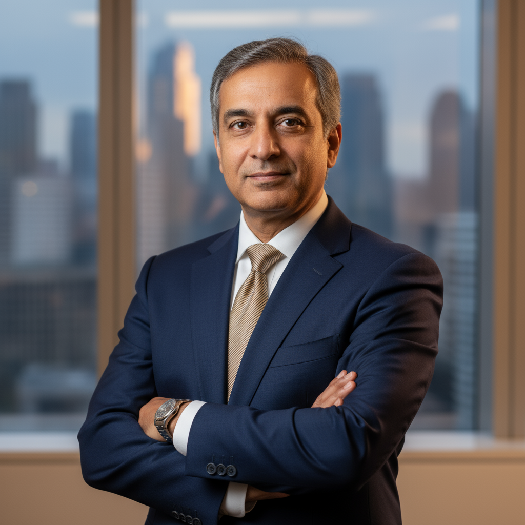 Professional headshot of middle-aged Indian man in formal shirt smiling confidently