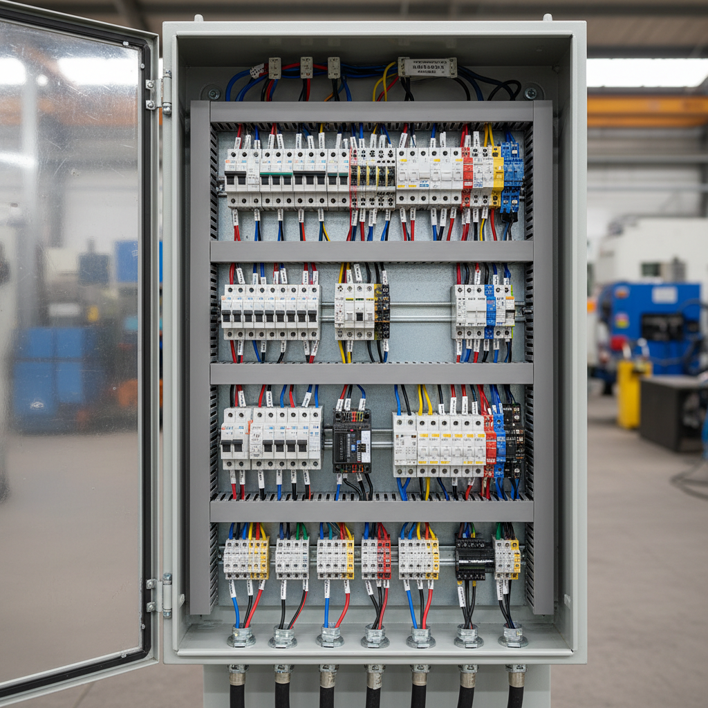 Tablero eléctrico industrial con disyuntores y cableado ordenado
