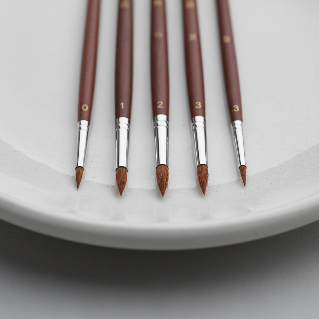 Collection of fine detail brushes — sizes 0 through 3 — resting on a ceramic dish beside a magnifying glass