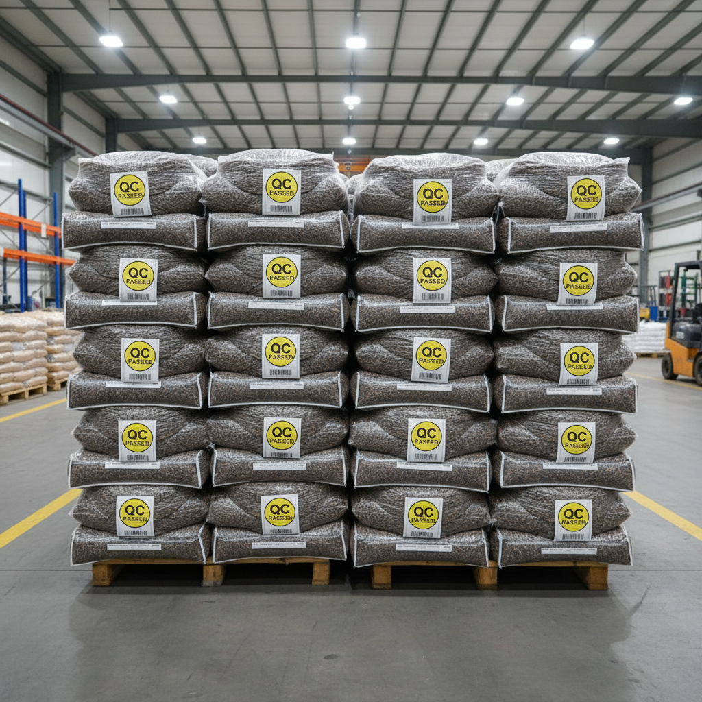Rows of neatly stacked wood pellet bags in a warehouse ready for dispatch, with quality control labels visible