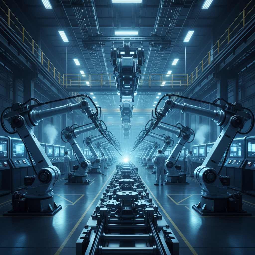 Industrial factory floor with robotic machinery in moody blue-tinted atmospheric lighting