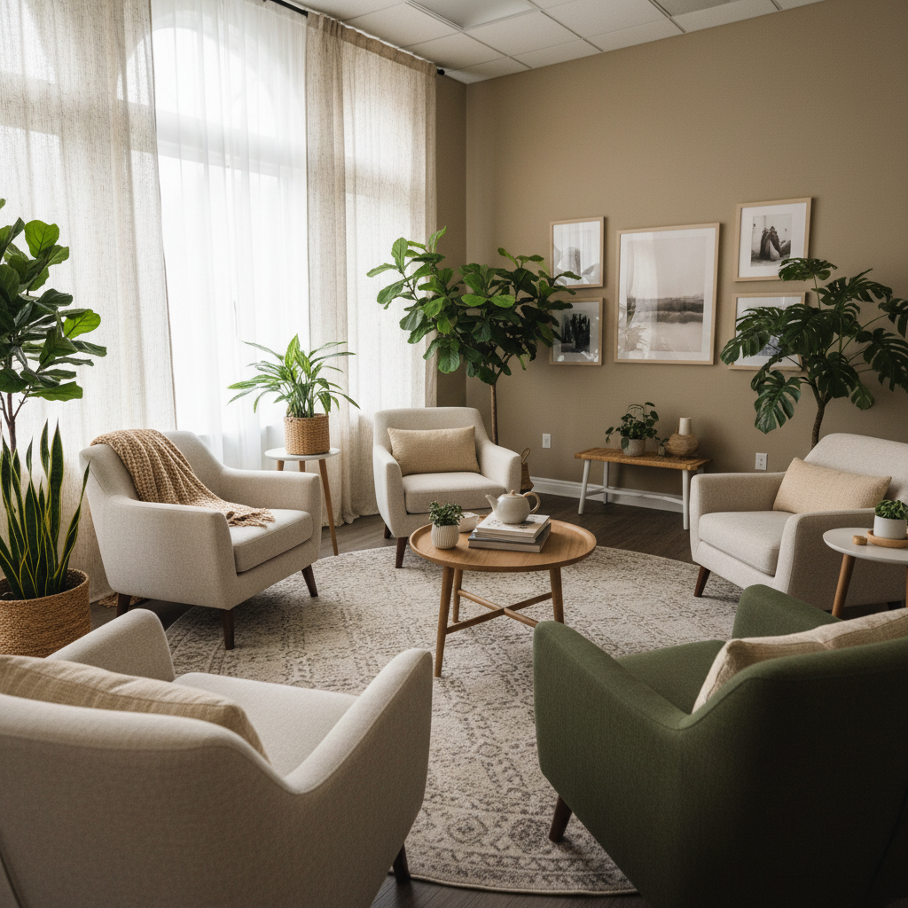 Calm therapy session with comfortable chairs, warm lighting and peaceful indoor setting