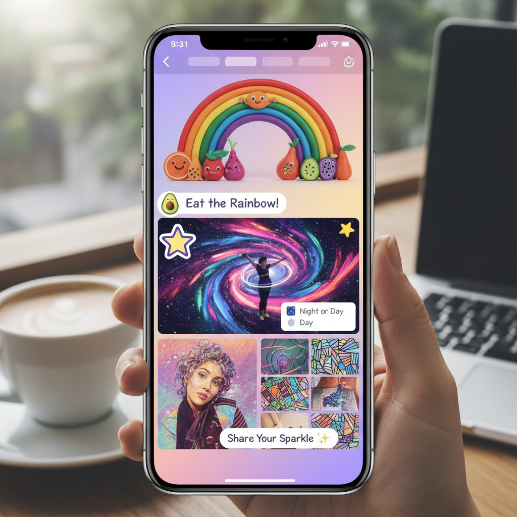Hands holding phone with creative content on screen