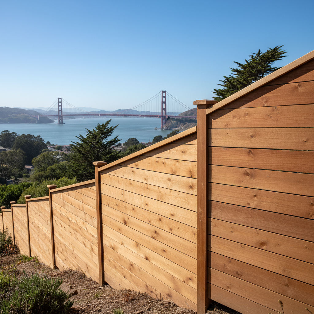 Cedar privacy fence with horizontal boards on steep Pacific Heights lot with Golden Gate view