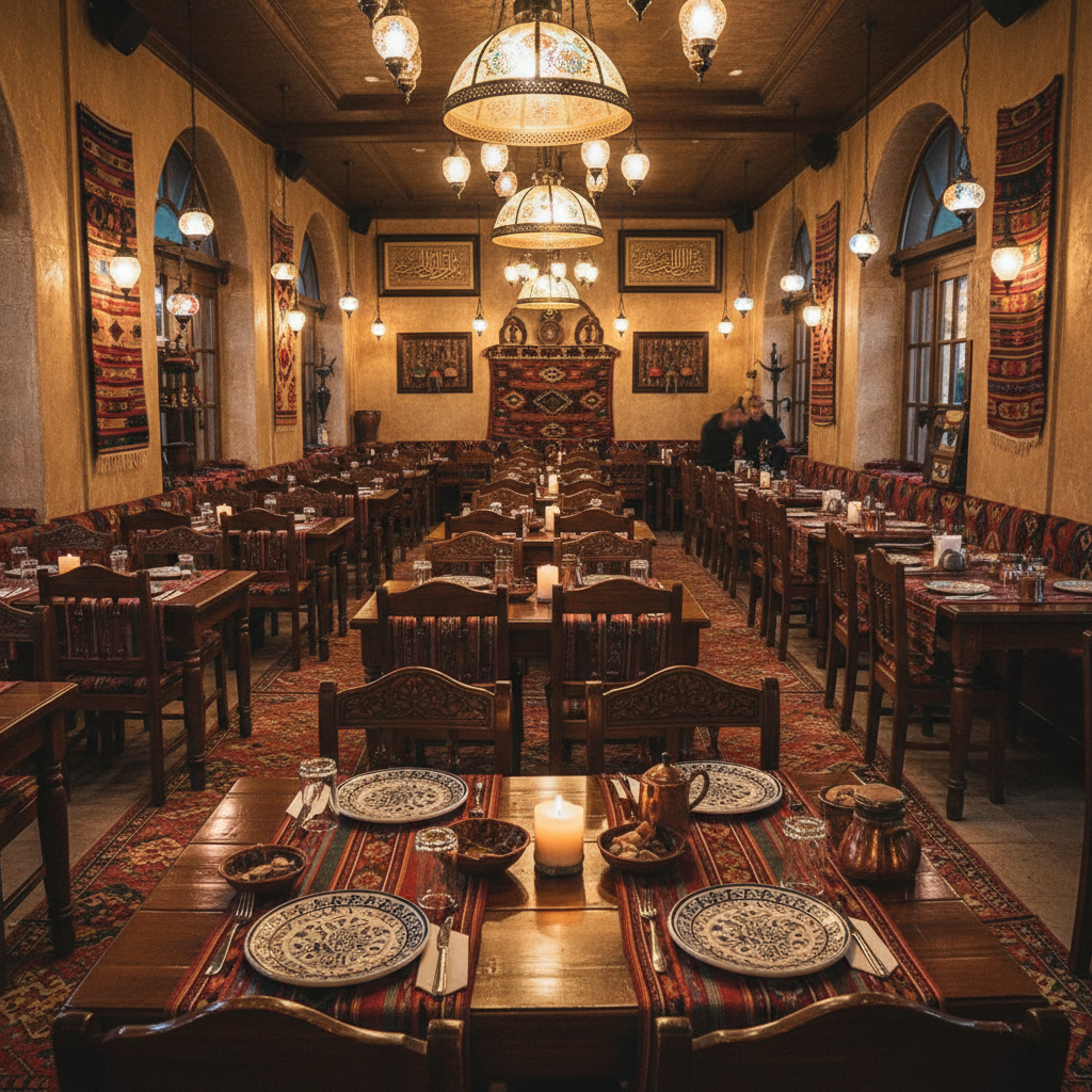 Warm and inviting restaurant interior with bright lighting, wooden tables, and a welcoming open kitchen
