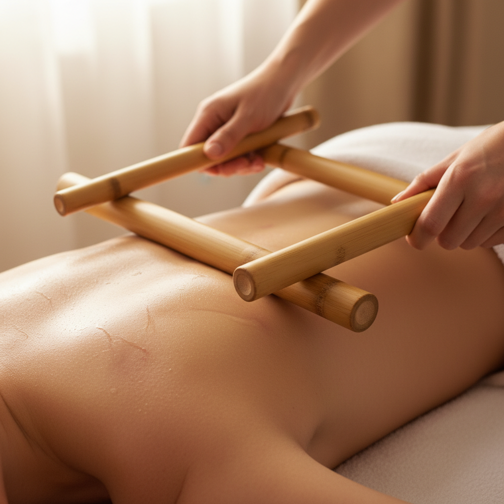 Bamboo sticks being used in a massage treatment on a clients back