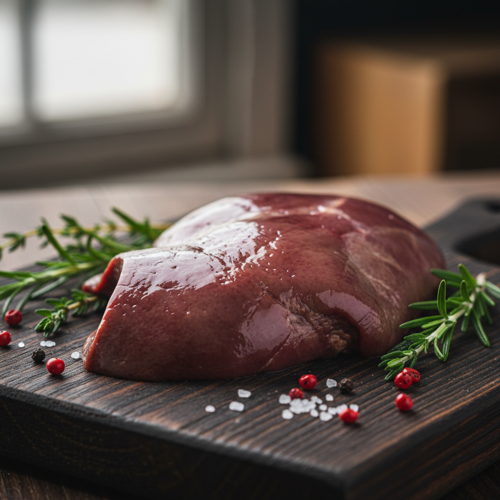 Fresh duck liver on a dark wooden board with herbs