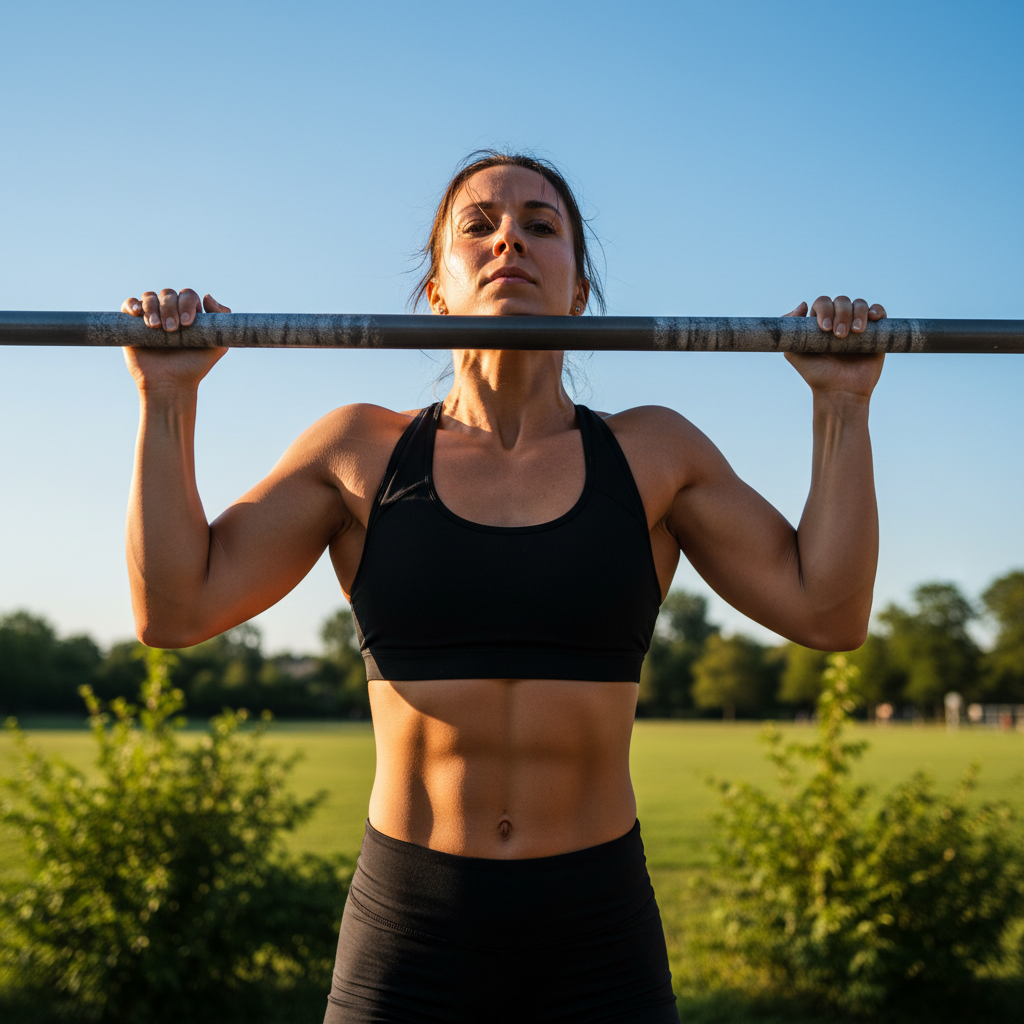 Female athlete performing bar exercise outdoors, strong arm muscles visible against natural background