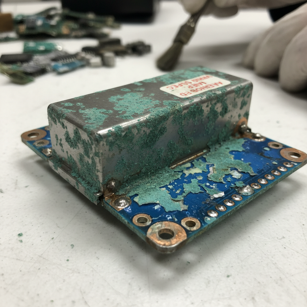 Corroded RF shield before strip-and-replate — green oxidation, lifting solder mask, failed vendor spec