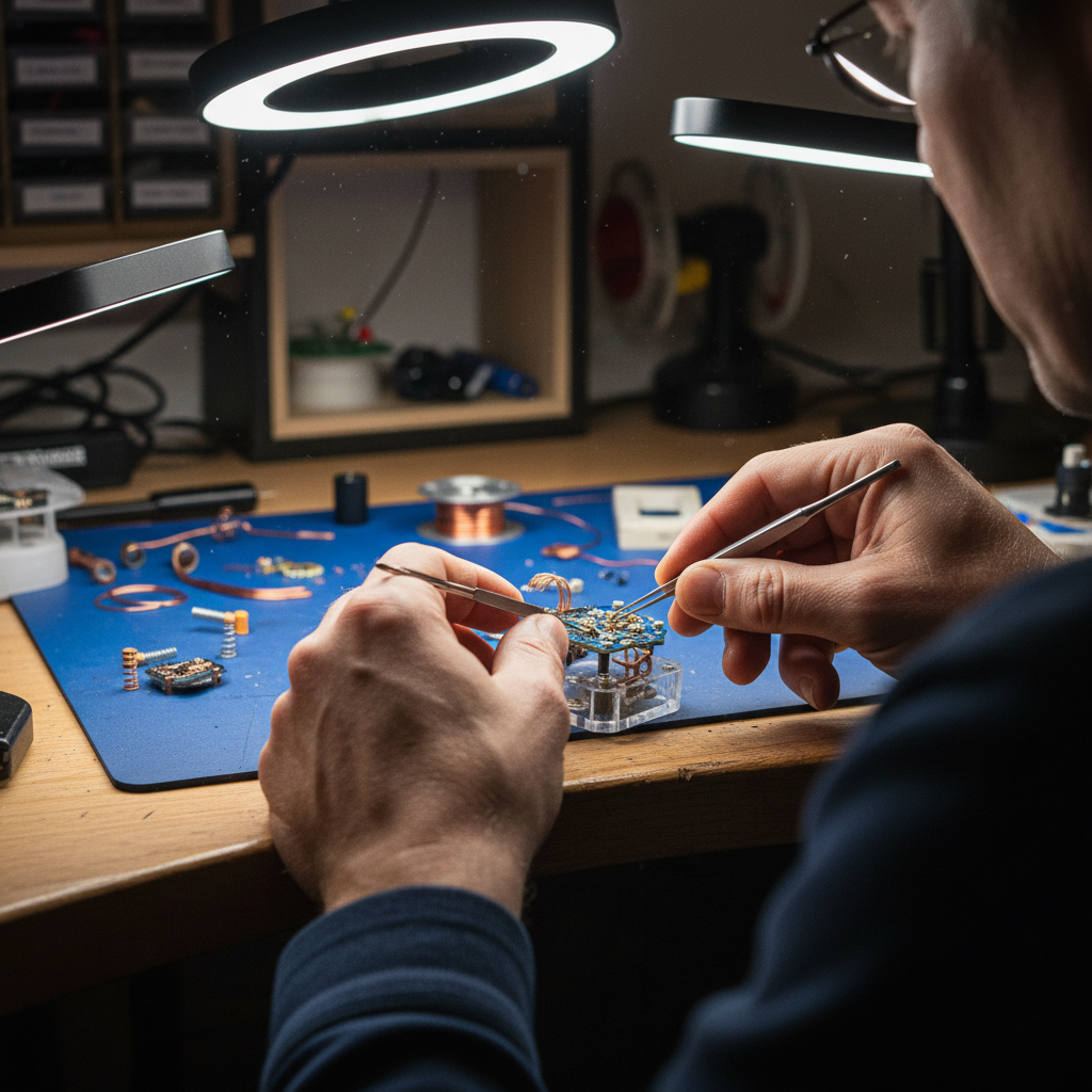 Hands assembling product at workbench