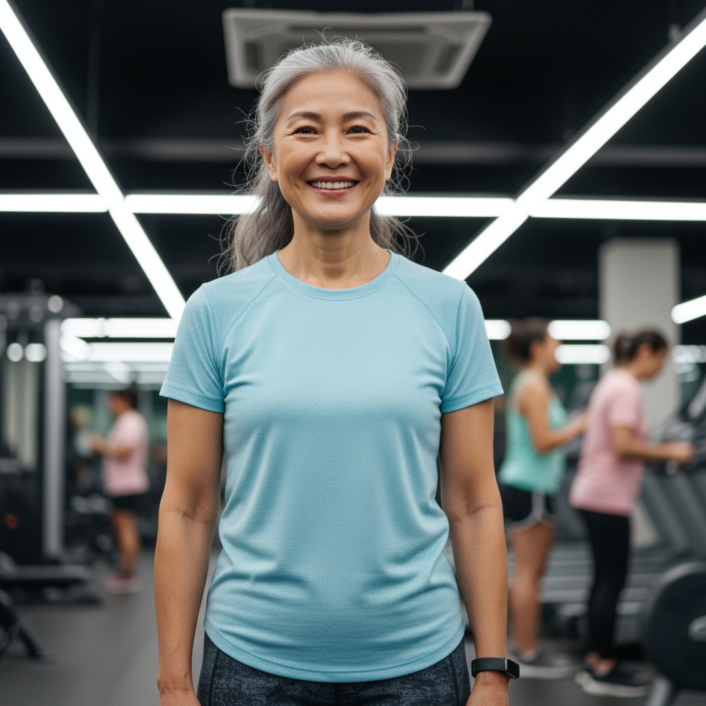 Sandra Chu, Asian woman in her 60s, warm smile, casual athletic clothing, indoor gym background