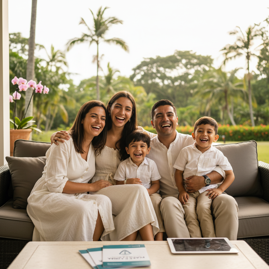 Happy family together laughing outdoors, warm natural lighting, bright airy atmosphere