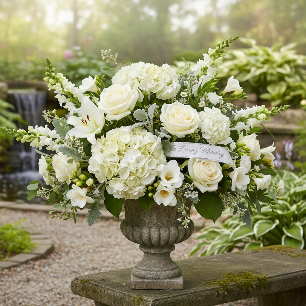 Blue hydrangea and white rose peaceful sympathy tribute arrangement