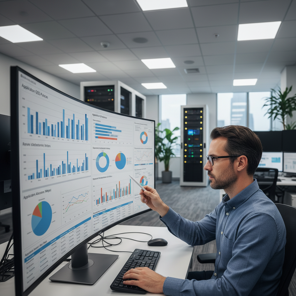 Network engineer reviewing SD-WAN traffic prioritisation dashboard showing application QoS policies and bandwidth allocation