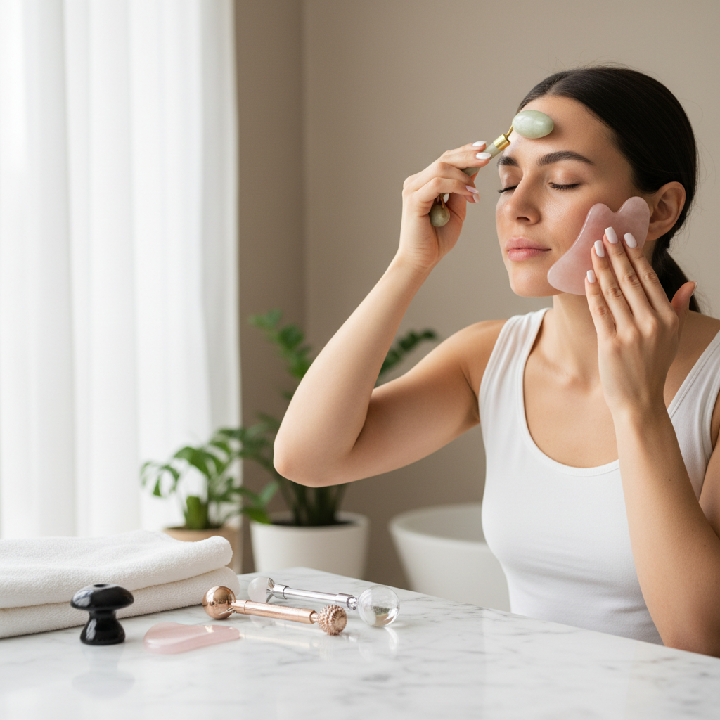 Jade Facial Roller & Gua Sha product photo on clean neutral background