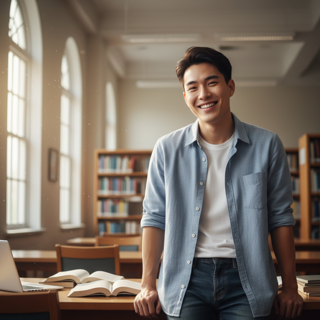 Young East Asian man smiling in a bright university library, casual academic setting