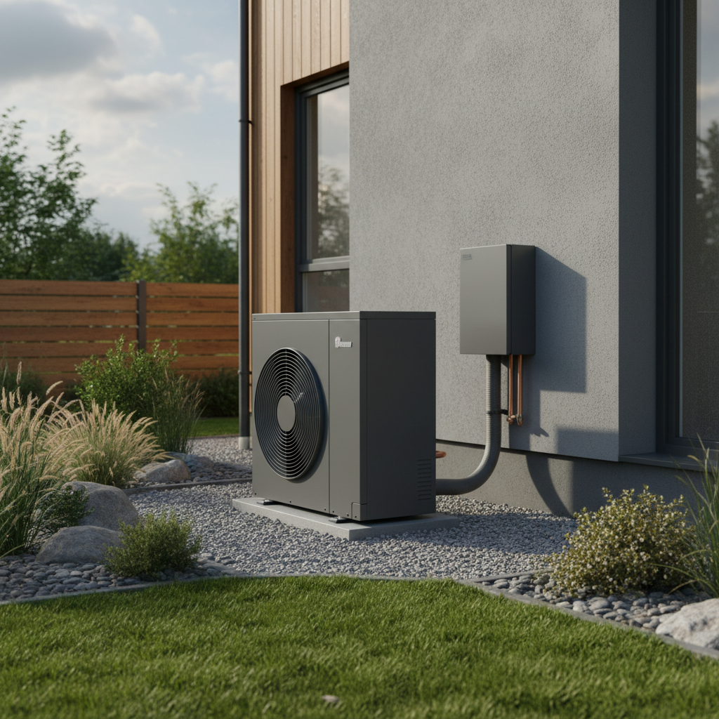 Heat pump outdoor condenser unit installed on house exterior wall in garden