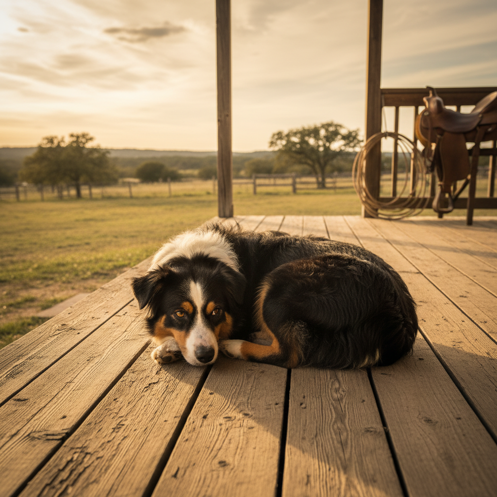 Black tri Aussie Clementine resting on a Texas ranch porch at golden hour