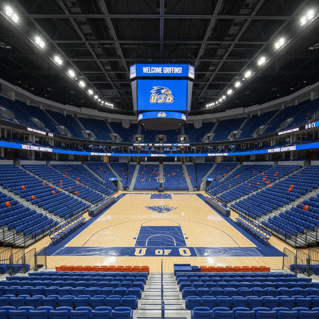 Completed collegiate arena interior with full seating bowl and protected playing surface