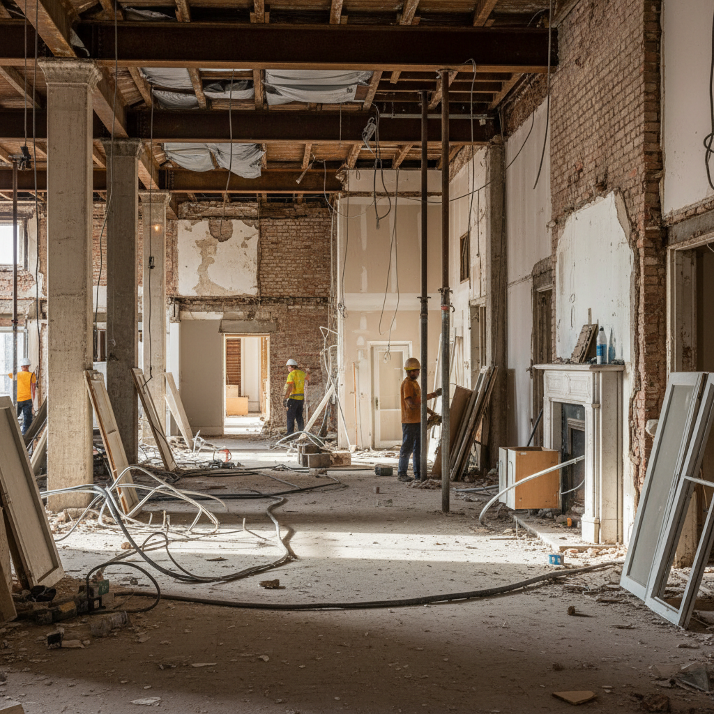 Construction crew performing selective interior demolition in a Nashville home, dust in air, safety equipment worn