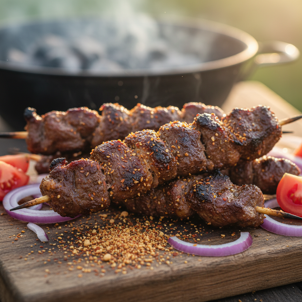 Grilled chicken pieces with Nigerian spices, golden-brown, appetizing close-up