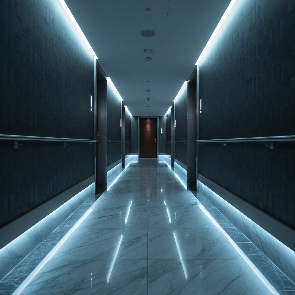 Dimly lit luxury hotel corridor with a single door at the far end, brushed nickel handle catching blue-white light
