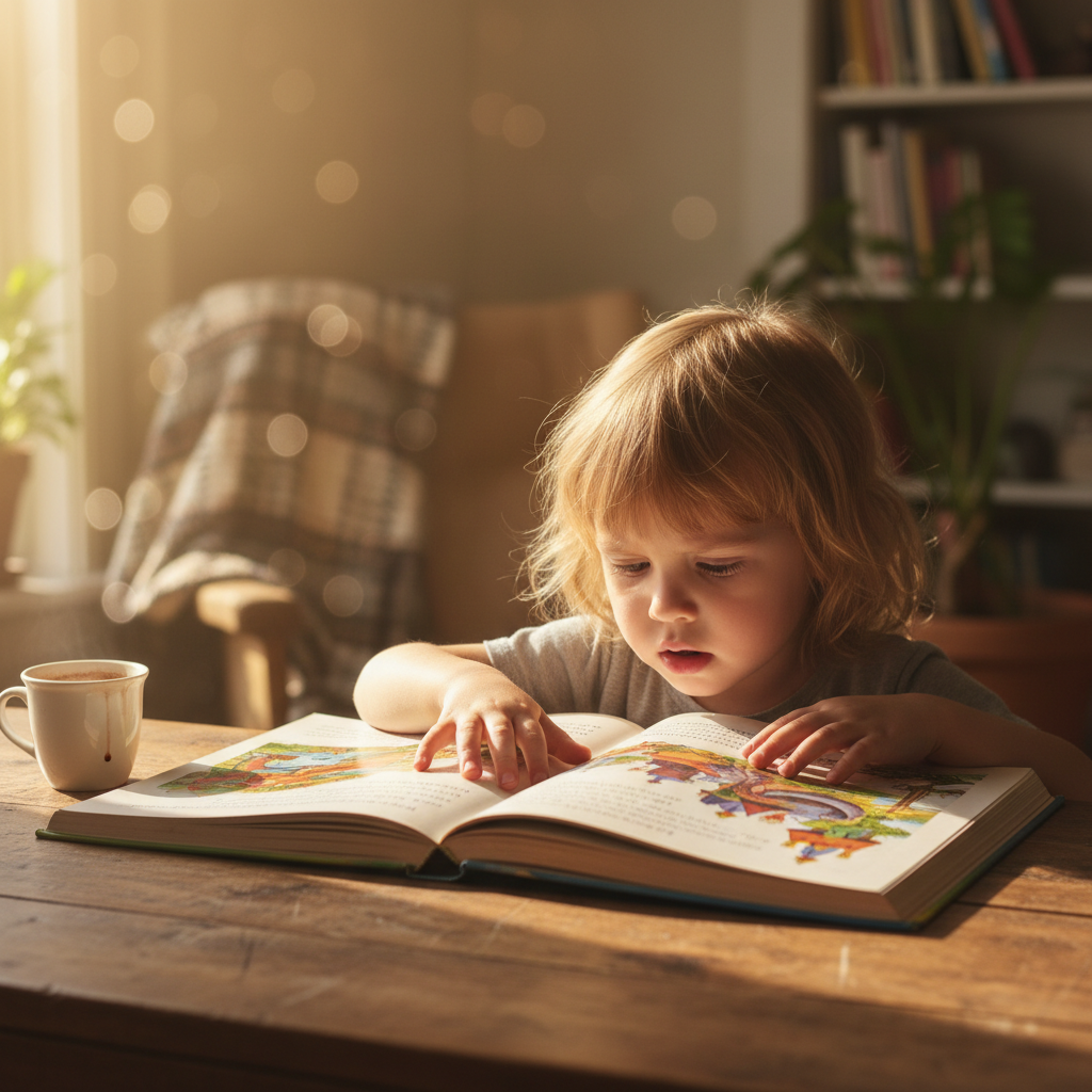 Child reading a book in a bright, cozy corner with warm sunlight streaming in