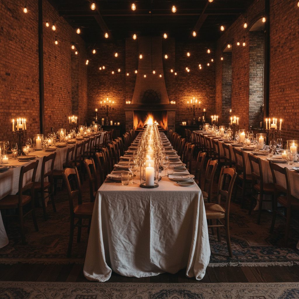 Luxury manor house dining room, candlelit tables, warm amber glow, dark atmospheric interior