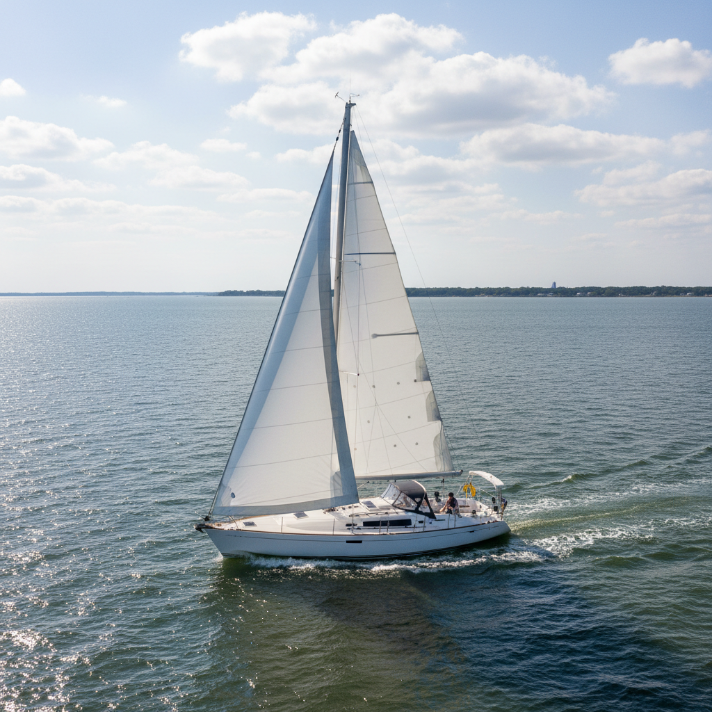 Catalina 355 sloop sold at auction, white sails full in Chesapeake Bay