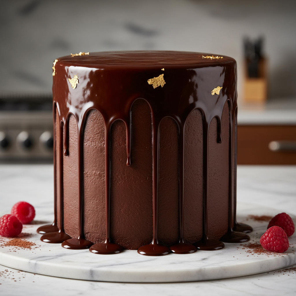 Dark chocolate ganache being poured over a layered chocolate cake creating a glossy drip effect on a marble surface