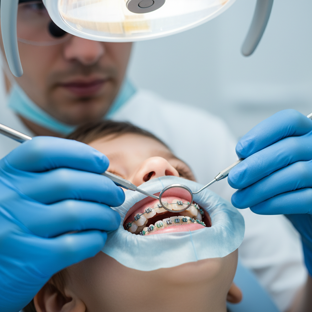 Orthodontist examining child's teeth with dental tools